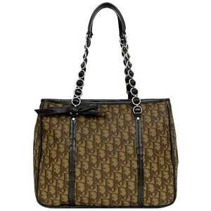 Christian Dior Chain Tote Bag Brown Trotter Rion Leather Shoulder Logo All over